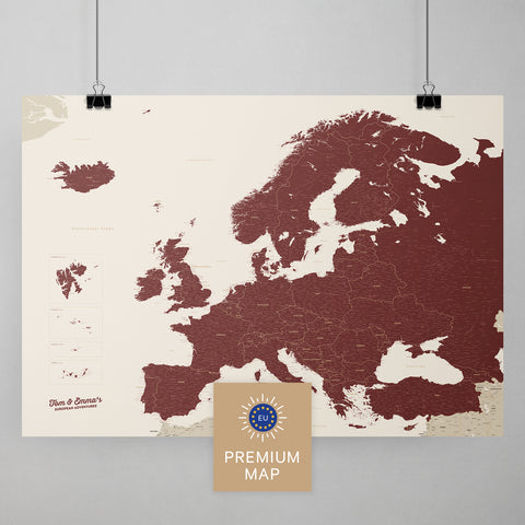 Europa Karte in der Farbe Bordeaux Rot in einem modernen, minimalistischem Design als Poster kaufen