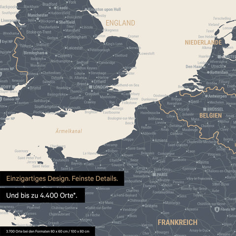 Moderne Europa Landkarte in der Farbe Navy Light als Poster mit einem Ausschnitt von Italien, Kroatien und Griechenland