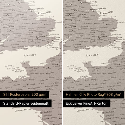 Europakarte Poster in Warmgray (Braun-Grau), erhältlich in den Papiersorten Sihl Posterpapier seidenmatt oder Hahnemühle Photo Rag