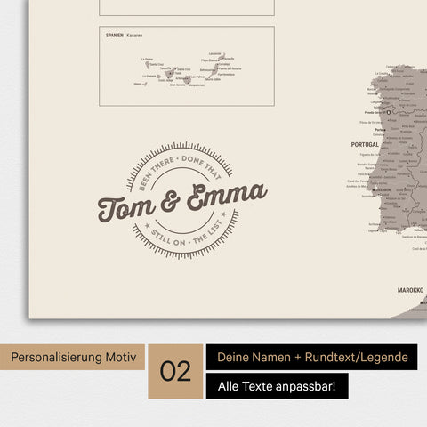 Landkarte von Europa als Poster in Warmgray (Braun-Grau) mit Personalisierung als rundes Logo, das eine Legende für bereits besuchte Reiseziele im Rundtext beinhaltet