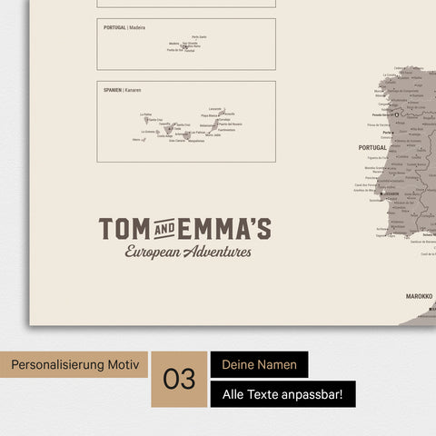Europakarte Poster in Warmgray (Braun-Grau) mit Personalisierung im Vintage-Stil