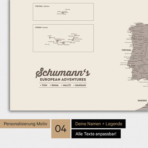 Europakarte als Poster in Warmgray (Braun-Grau) mit Personalisierung als Logo mit Familiennamen und Legende für Orte, die man bereits besucht hat und noch besuchen möchte