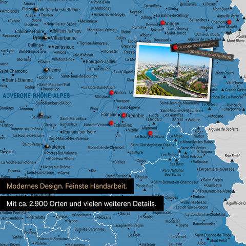 France map in blue as a canvas for pinning shows a section of Auvergne-Rhône-Alpes with many details such as national parks, rivers, and numerous small towns and cities, some of which are marked with pins