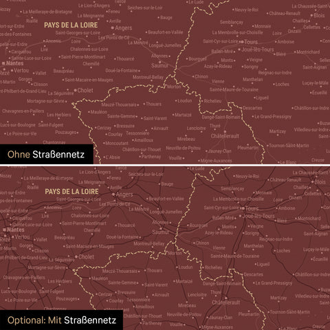 Mapa Francji TRAVEL® Canvas z pinezkami – Bordeaux Rot