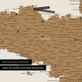 Modern France map in bronze color as a Push Pin Map shows a section of Brittany, where already visited travel destinations are marked with pins