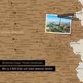 France map in bronze as a canvas for pinning shows a section of Auvergne-Rhone-Alpes with many details such as national parks, rivers, and numerous small towns and cities, some of which are marked with pins