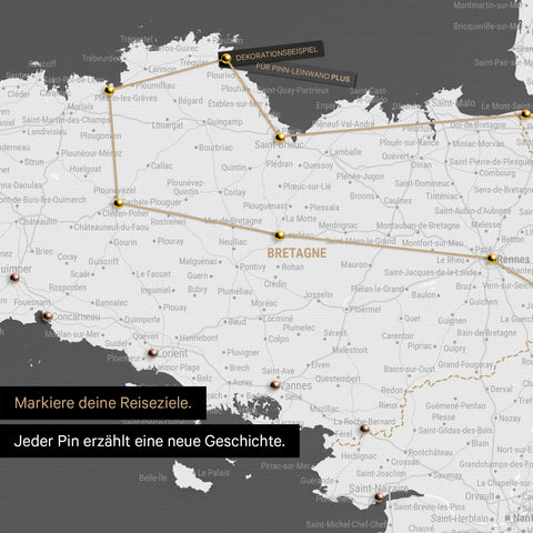 Modern France map in the color dark gray as a Push Pin Map shows a section of Brittany, where already visited travel destinations are marked with pins