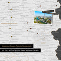 France map in dark gray as a canvas for pinning shows a section of Auvergne-Rhône-Alpes with many details such as national parks, rivers, and numerous small towns and cities, some of which are marked with pins