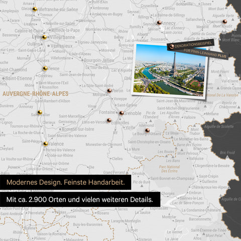 France map in dark gray as a canvas for pinning shows a section of Auvergne-Rhône-Alpes with many details such as national parks, rivers, and numerous small towns and cities, some of which are marked with pins