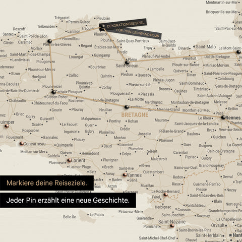 Modern France map in the color gold as a Push Pin Map shows a section of Brittany, where already visited travel destinations are marked with pins