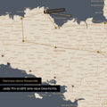 Modern France map in the color Hale Navy as a Push Pin Map shows a section of Brittany, where already visited travel destinations are marked with pins