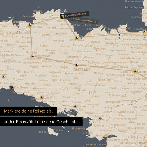 Modern France map in the color Hale Navy as a Push Pin Map shows a section of Brittany, where already visited travel destinations are marked with pins
