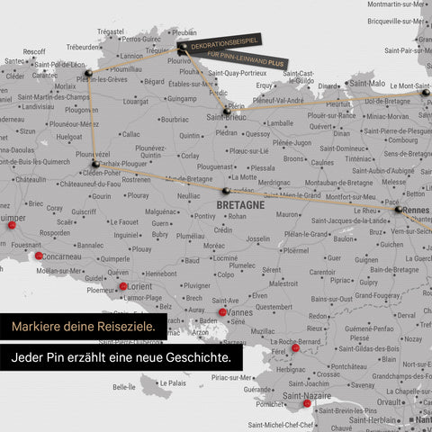 Modern France map in light gray color as a Push Pin Map shows a section of Brittany, where already visited travel destinations are marked with pins