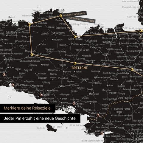 Modern France map in the color Light Black as a Push Pin Map shows a section of Brittany, where already visited travel destinations are marked with pins