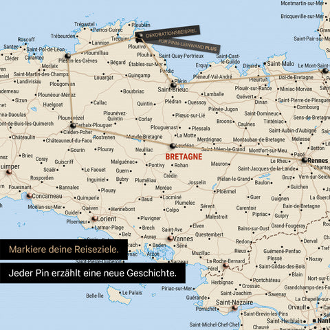 Modern France map in the color Multicolor Classic as a Push Pin Map shows a section of Brittany, where already visited travel destinations are marked with pins
