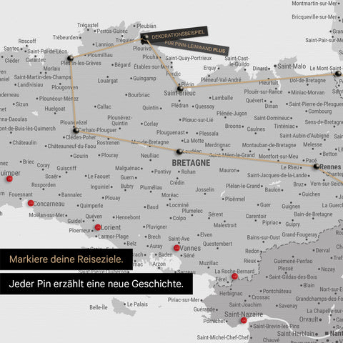 Modern France map in the color multicolor gray as a Push Pin Map shows a section of Brittany, where already visited travel destinations are marked with pins