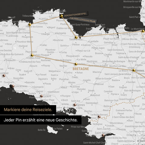 Modern France map in black and white color as Push Pin Map shows a section of Brittany, where already visited travel destinations are marked with pins