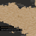 Modern France map in the color Sonar Black as a Push Pin Map shows a section of Brittany, where already visited travel destinations are marked with pins
