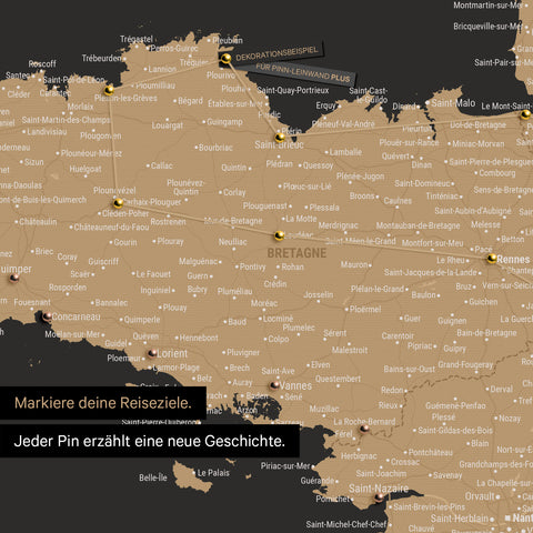 Modern France map in the color Sonar Black as a Push Pin Map shows a section of Brittany, where already visited travel destinations are marked with pins