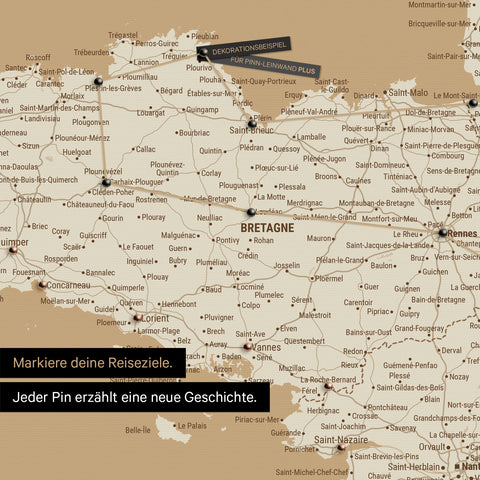 Modern France map in the color Treasure Gold as a Push Pin Map shows a section of Brittany, where already visited travel destinations are marked with pins