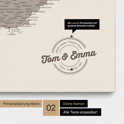 Frankreich-Karte Pinn-Leinwand in Warmgray mit Personalisierung als rundes Logo, das eine Legende für bereits besuchte Reiseziele im Rundtext beinhaltet