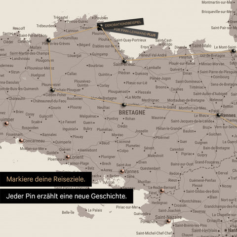 Modern France map in the color Warmgray as a Push Pin Map shows a section of Brittany, where already visited travel destinations are marked with pins