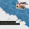 Italy map in blue as a canvas for pinning shows a section of Rome, Abruzzo, and Campania with many details such as national parks, rivers, and numerous small towns and cities, some of which are marked with pins