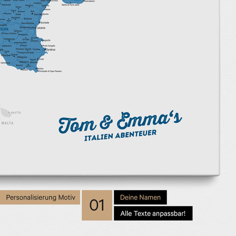 Map of Italy as a pinboard canvas in blue with personalization and name in a modern script font