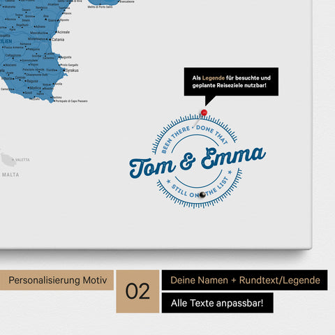Italy map Push Pin Map in blue with personalization as a round logo that includes a legend for already visited travel destinations in circular text
