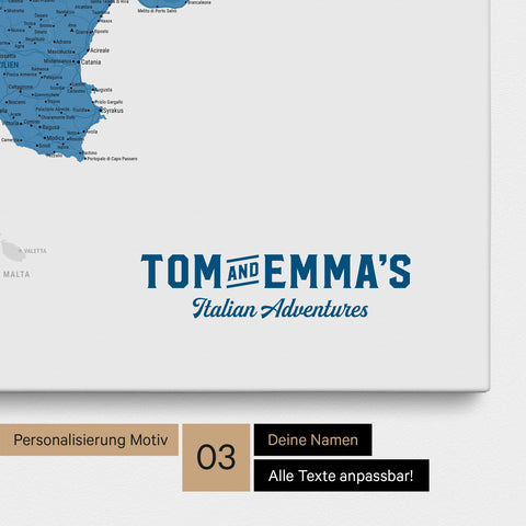 Italy map for pinning in blue with personalization in vintage style