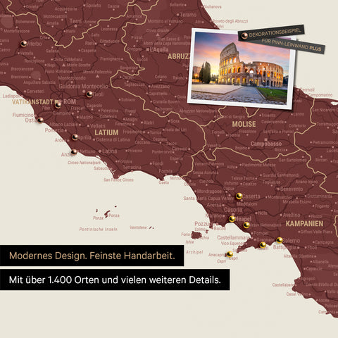 Italy map in Bordeaux red as a canvas for pinning shows a section of Rome, Abruzzo, and Campania with many details such as national parks, rivers, and numerous small places and towns, some of which are marked with pins