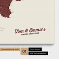 Map of Italy as a pinboard canvas in Bordeaux red with personalization and name in a modern script font