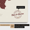 Italy map Push Pin Map in Bordeaux red with personalization as a round logo that includes a legend for already visited travel destinations in circular text