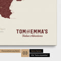 Italy map for pinning in Bordeaux red with personalization in vintage style