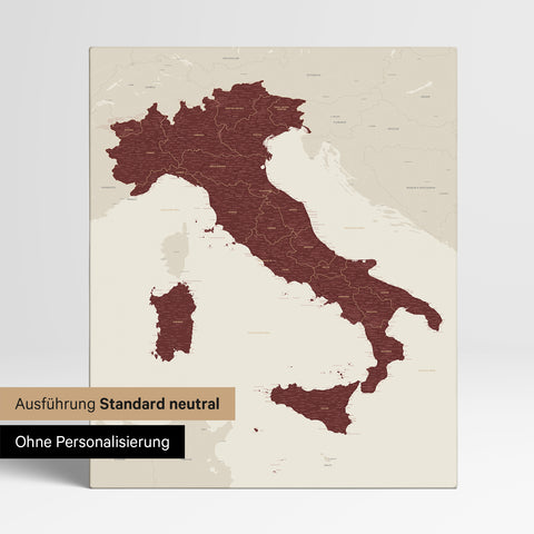 Neutral standard Version of the detailed Italy map as a pinboard canvas in Bordeaux red without personalization