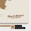 Map of Italy as a pinboard canvas in bronze with personalization and name in a modern script font