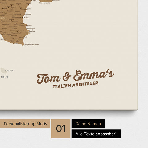 Map of Italy as a pinboard canvas in bronze with personalization and name in a modern script font