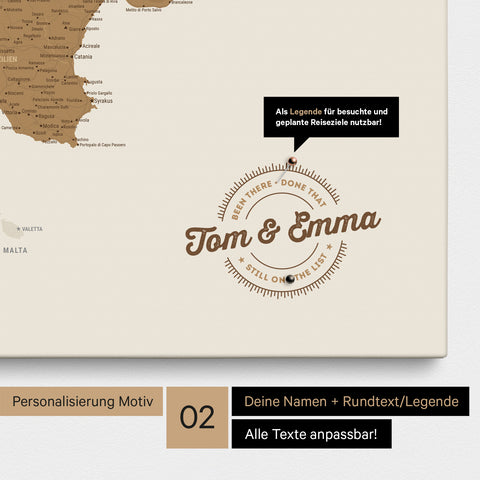 Italy map Push Pin Map in bronze with personalization as a round logo, which includes a legend for already visited travel destinations in circular text