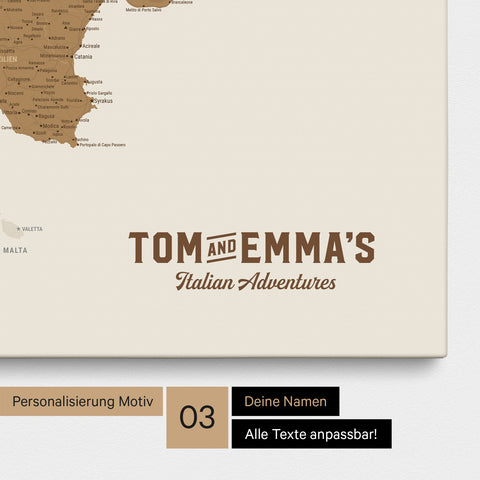 Italy map for pinning in bronze with personalization in vintage style