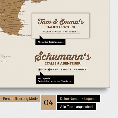 Italy map as canvas in bronze with personalization as logo with family name and legend for places already visited and still want to visit