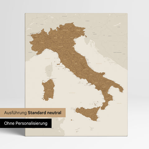 Neutral standard Version of the detailed Italy map as a pinboard canvas in bronze without personalization