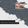 Italien Landkarte in Denim Blue als Leinwand zum Pinnen zeigt einen Ausschnitt von Rom, Abruzzien und Kampanien mit vielen Details wie Nationalparks, Flüssen und zahlreichen kleinen Orten und Städten, die teilweise mit Pins markiert sind