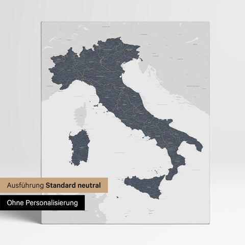 Neutrale Standard Ausführung der detaillierten Italien-Karte als Pinnwand Leinwand in Denim Blue ohne Personalisierung
