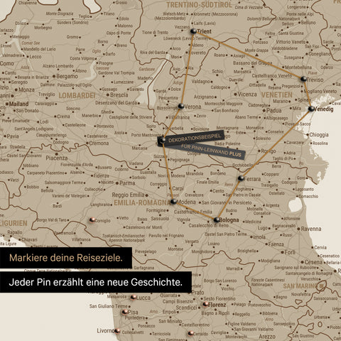 Modern Italy map in beige color as Push Pin Map shows a section of Lombardy, South Tyrol, and Veneto, where already visited travel destinations are marked with pins