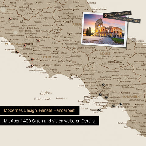 Italy map in beige as a canvas for pinning shows a section of Rome, Abruzzo, and Campania with many details such as national parks, rivers, and numerous small towns and cities, some of which are marked with pins