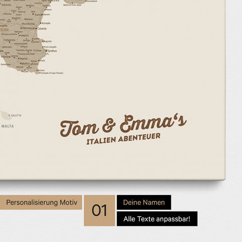 Map of Italy as a pinboard canvas in beige with personalization and name in a modern script font