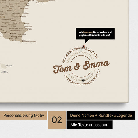 Italy map Push Pin Map in beige with personalization as a round logo that includes a legend for already visited travel destinations in circular text