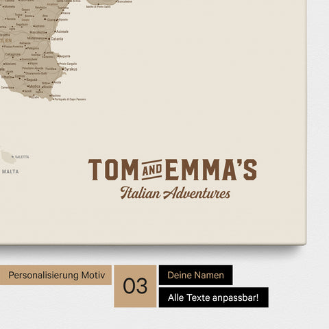 Italy map for pinning in beige with personalization in vintage style