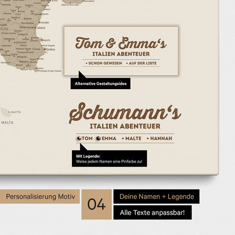Italy map as canvas in beige with personalization as logo with family name and legend for places already visited and still want to visit
