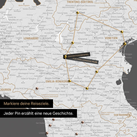 Modern Italy map in the color dark gray as a Push Pin Map shows a section of Lombardy, South Tyrol, and Veneto, where already visited travel destinations are marked with pins